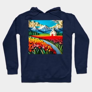 Swirly Quilled Fantasy Field of Multicolor Flowers and Mountains Hoodie